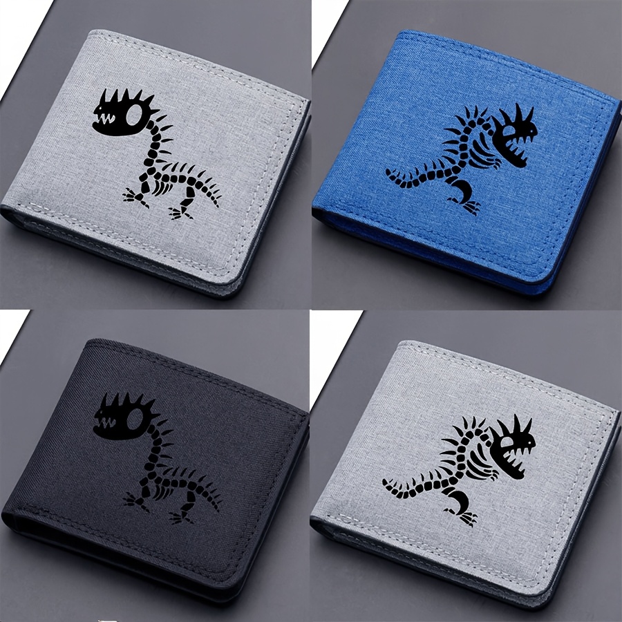 1 billetera de lona para hombre con estampado de dinosaurio, diseño casual de doble pliegue, ligera con cierre de presión, forrada de poliéster, varias ranuras para tarjetas y bolsillo para monedas, estampado de animal a la moda, ideal regalo para él