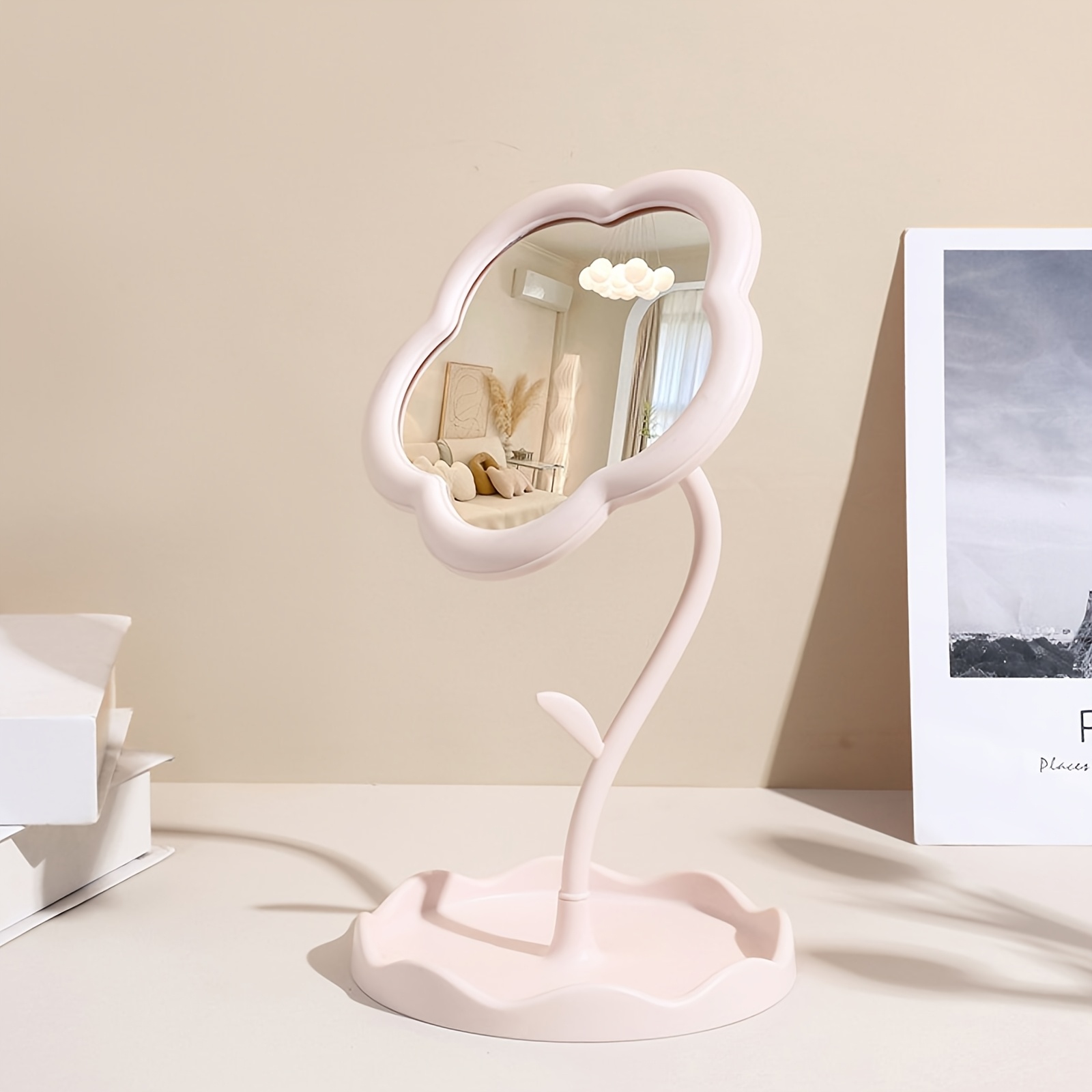 E-shop 360-Grad drehbarer Blumen-Kosmetikspiegel mit Aufbewahrungssockel – Klappbarer, tragbarer Rundspiegel, geeignet für Reisen den Heimgebrauch,