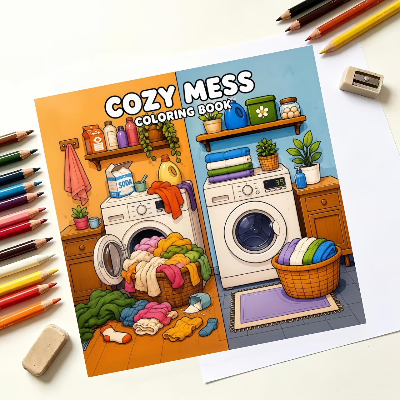 TEMU A Cozy Laundry Room-themed Coloring Book With 24 Single-sided Pages, Featuring Scenes Such As , , And Outdoor Settings. The Illustrations Depict
