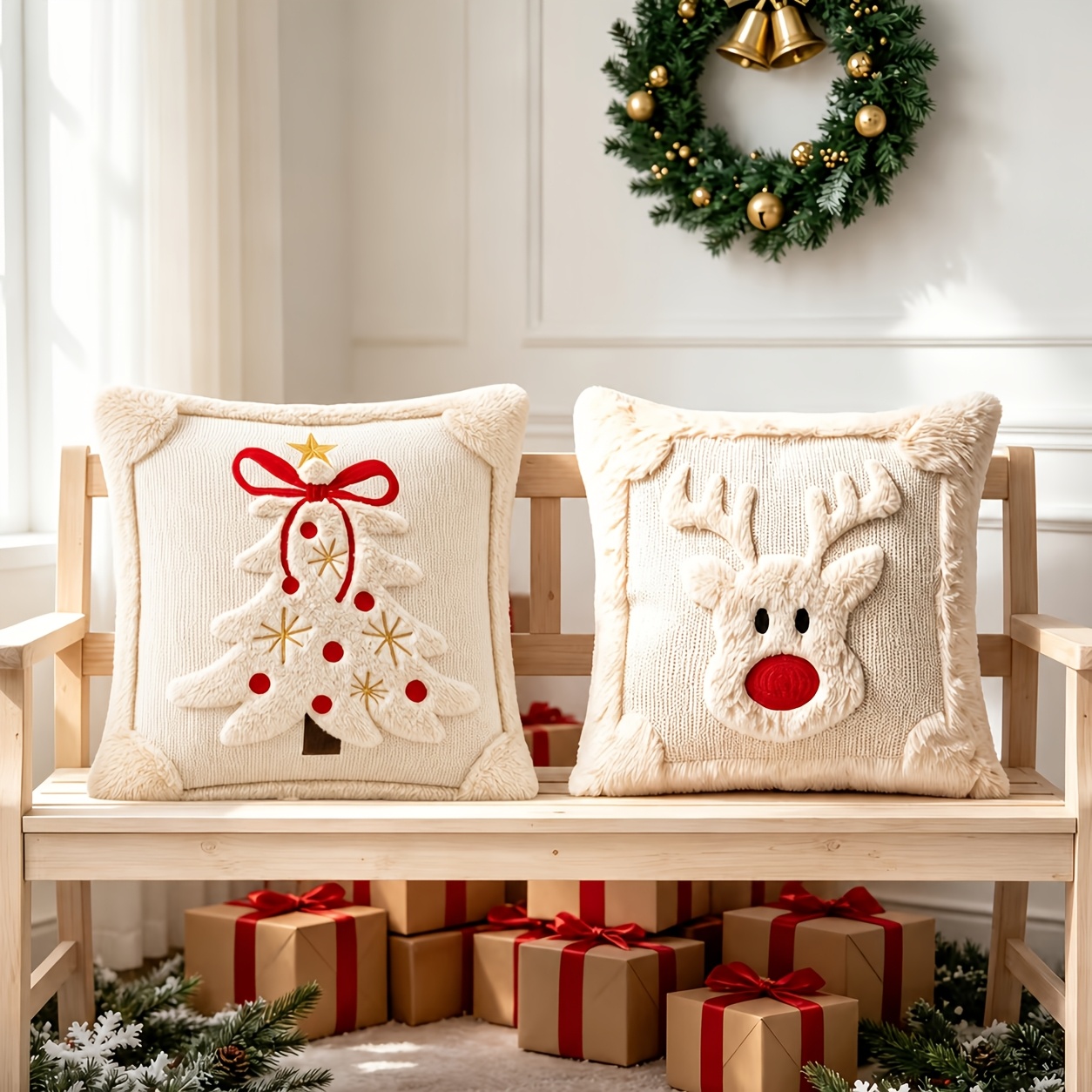 TEMU 2pcs Plush Christmas Pillow Covers Suitable For Sofa Bed Couch, Soft Cushion Cases With 3d Jacquard Reindeer/snowman Patterns, Rustic Farmhouse
