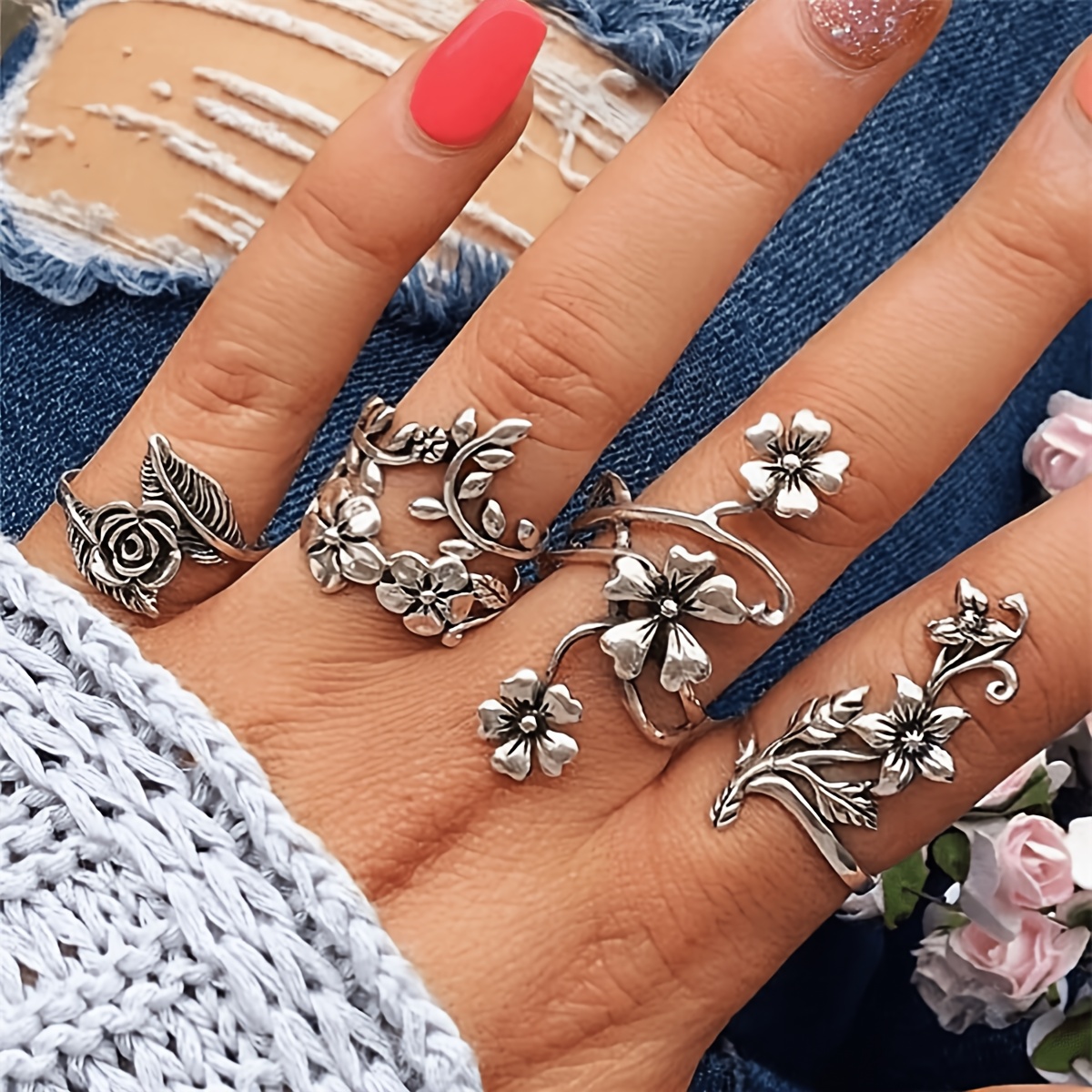 TEMU 4pcs Bohemian Ring Set, Forest Vine Rings, Leaf Rings, Flower Rings, Stackable And Mix-and-match Rings, Adjustable Open Rings, Suitable For