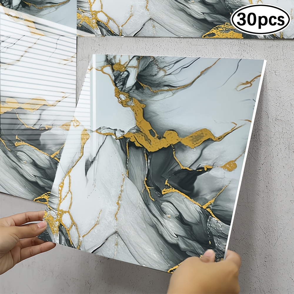 

30pcs Easy-apply Self-adhesive Marble Effect Wall Tile Stickers - Waterproof Pvc, Cuttable & Peelable, Black & For Kitchen & Bathroom, 11.8x11.8 Inches