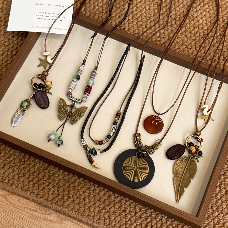 TEMU 5pcs Necklace Set, Bohemian Retro Necklaces, Long Layered Sweater Chains, Meleade Y-shaped Necklaces, Fashionable And Elegant, Feather Leaf Star