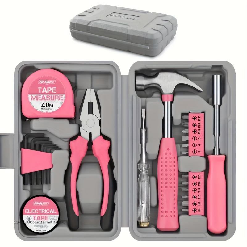 

13/24pcs Household Repair Tool Kit Multi-purpose Pink Hand Tool Set With Storage Case Durable Hammer And Allen Key Set