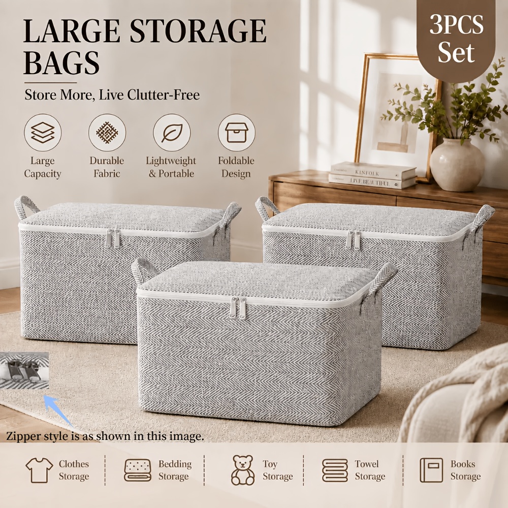 TEMU 3pcs Large Storage Bags, Foldable Fabric Luggage Organizer Bags For Clothes, Blankets, Bedding, Dustproof Closet & Travel Storage, Under-bed