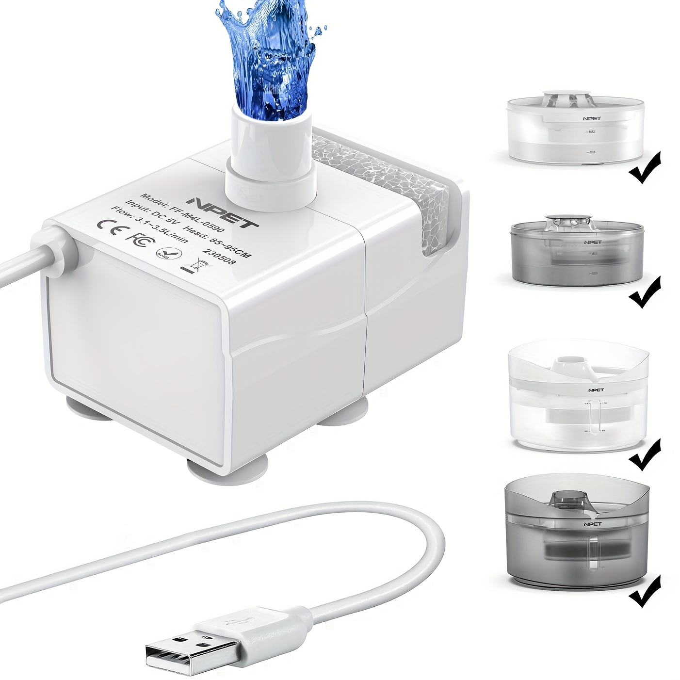 TEMU Npet /df30 Dog Water Fountain Replacement Pump - Usb-powered Pet Fountain Pump, Durable Plastic Construction For Continuous Fresh Water, Compatible With Npet /df30 Black & White Models, Use