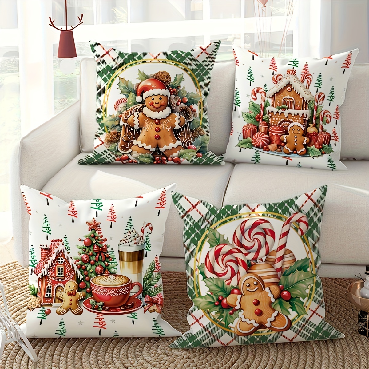 

4-pack Christmas Gingerbread Candies Throw Pillow Covers, Contemporary Style, Polyester, Zippered, Machine Washable, Geometric Pattern, Decor, Sofa Cushion Cases For Living Room