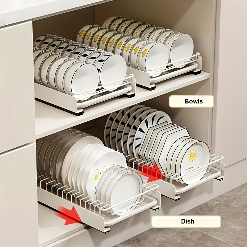 1pc Space-Saving Stainless Steel Bowl Plate Rack with Adjustable  Dividers, Non-Slip Handles Water Tray Pull-Out Kitchen Storage  Organizer for