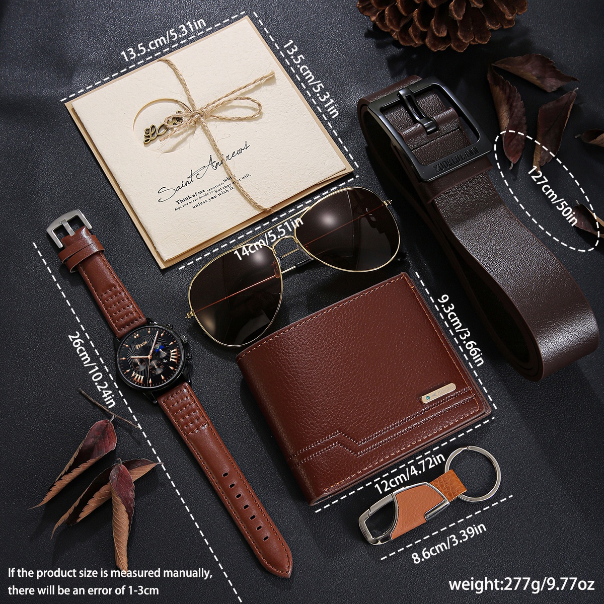 7pcs Men's Luxury Gift Box Set - Elegant Brown -like Texture Wallet, Belt, Keychain, Glasses Case & Card Holder - Complete Accessory Collection with Gift Box & Ribbon - Birthday/Valentine's/Anniversary Gift for Men - Sophisticated Men's Fashion Set with Belt Loop Compatibility - Ideal for Everyday & Formal Events