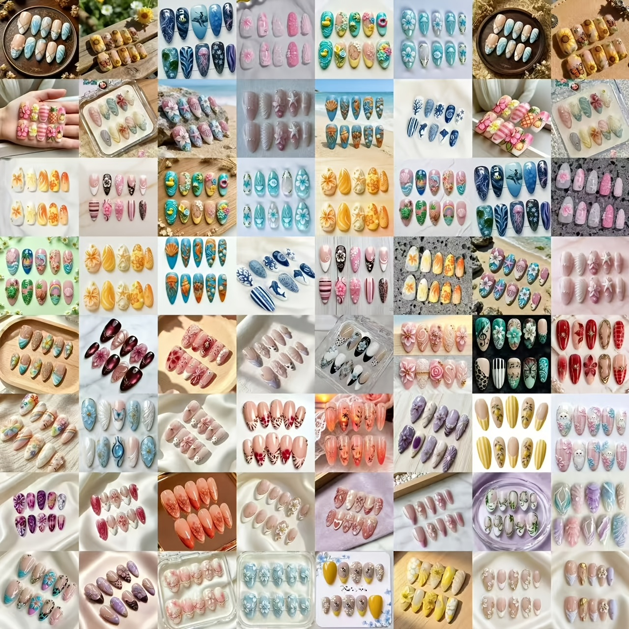 TEMU 40pcs Random Shipment Floral Plant Press-on Nails, Diverse Hand-painted Petal And Gradient Designs, Full Range Of Short And Long Nail Shapes,