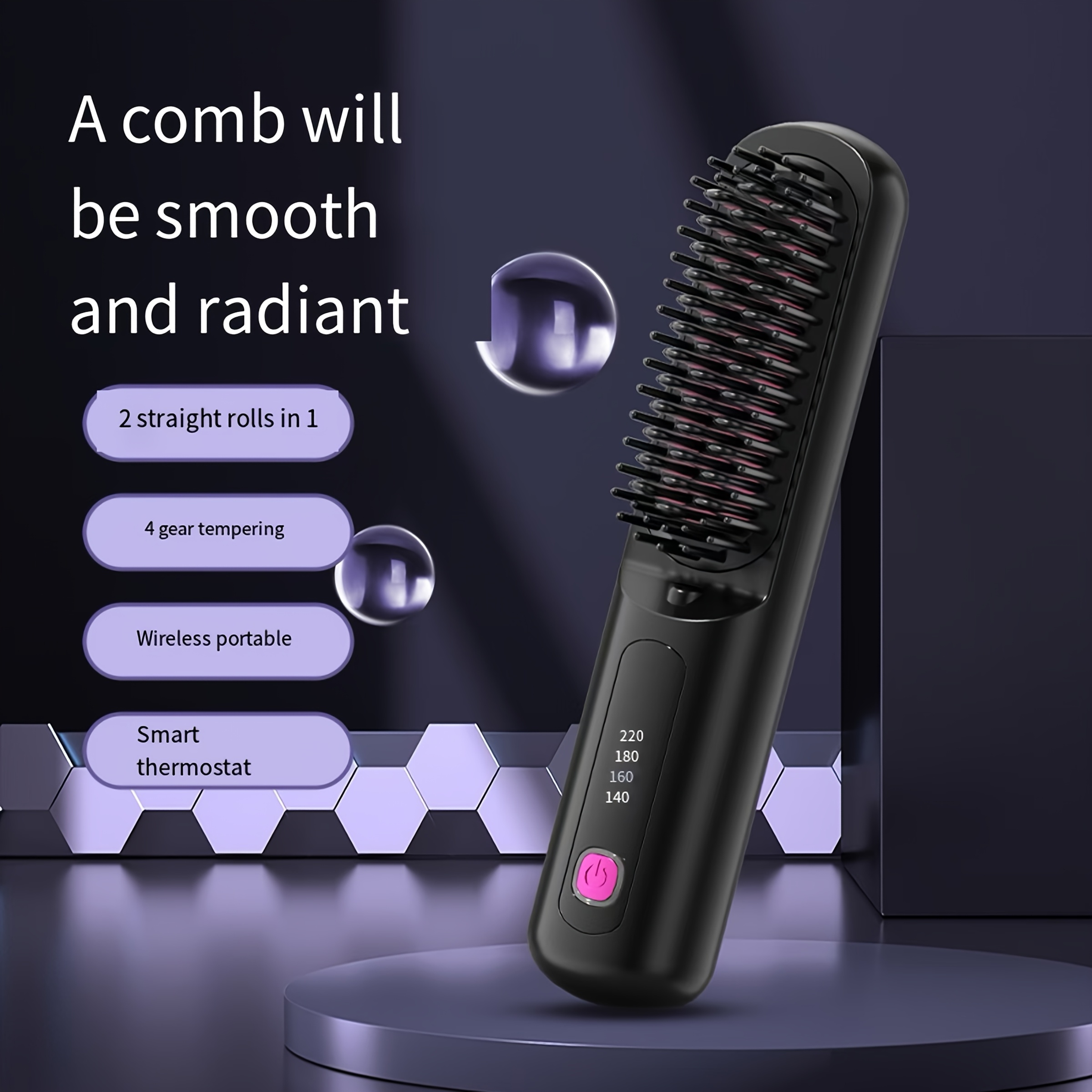 

1pc Wireless Hair Straightener Brush, Ceramic Coated Negative Ion Hot Comb, Usb Rechargeable, Anti-scald, Control, 4000mah Lithium Battery, Portable For Wet/dry Hair Use