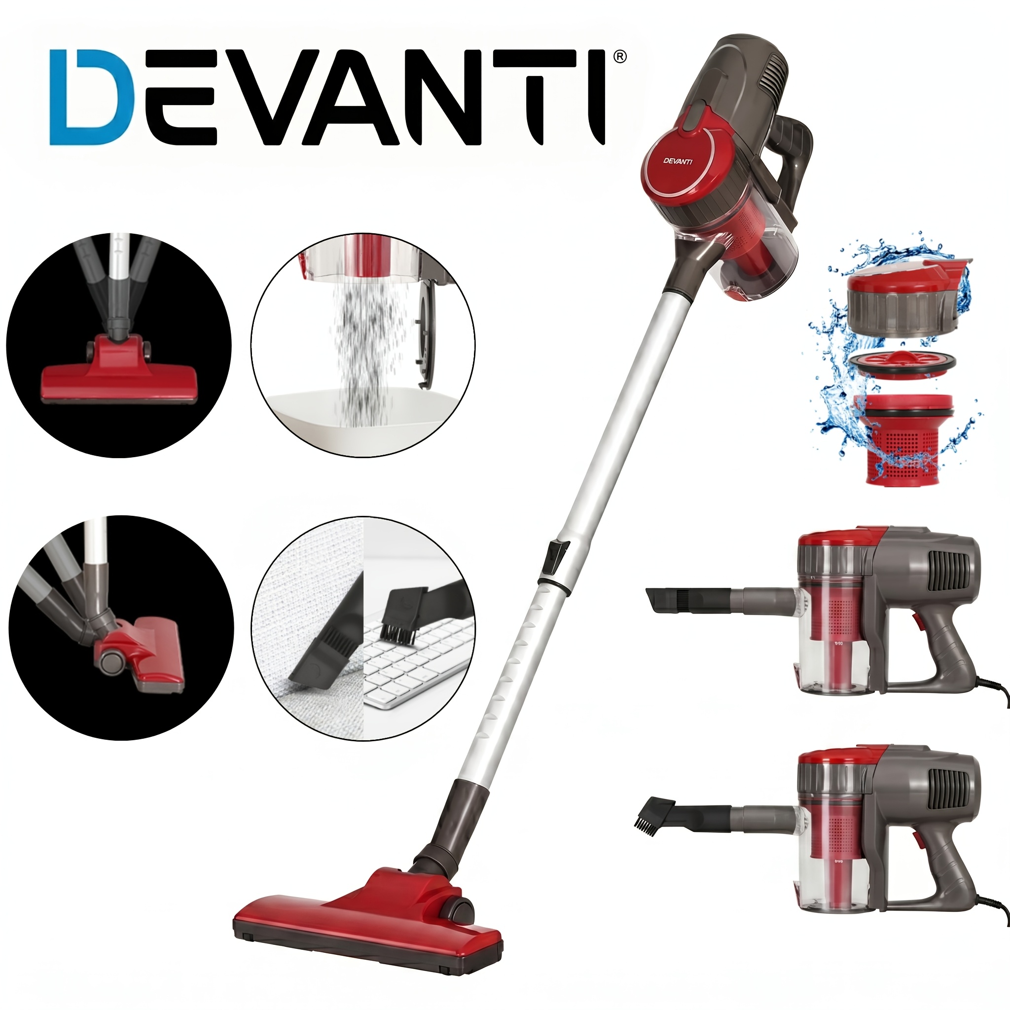 TEMU Devanti Stick Vacuum Cleaner Bagless Corded 500w Red