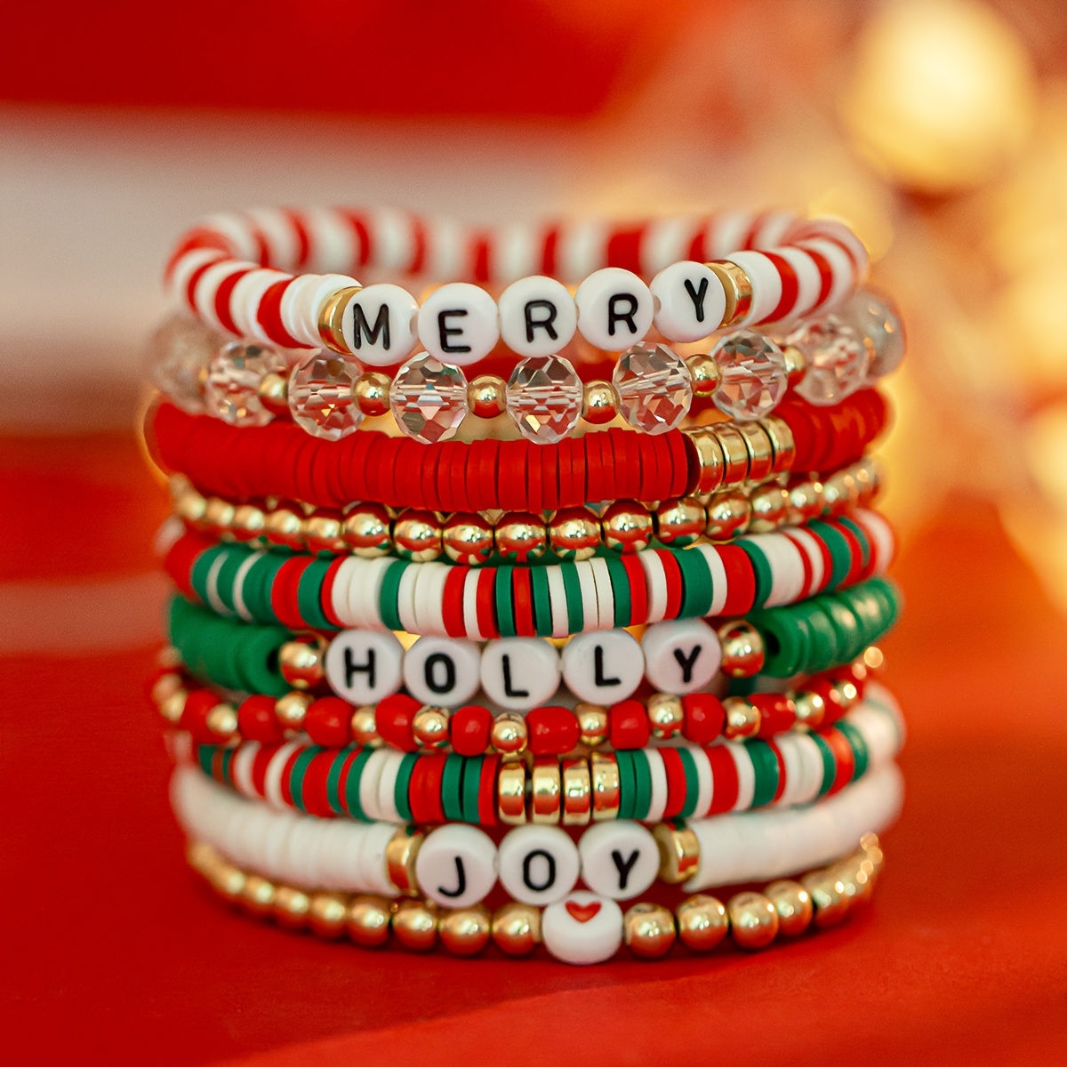 TEMU 10pcs Set: Simple And Stylish Christmas-themed Multi-element Letter Decoration With And Polymer Clay Beaded Bracelets, Stackable Beaded