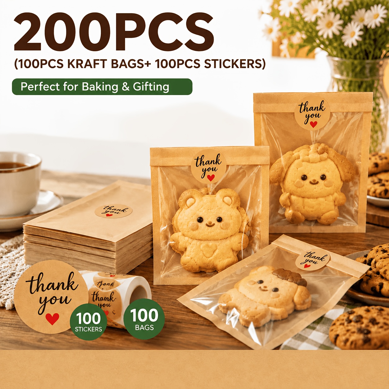 TEMU 200pcs Pack Of Resealable Baking Bags With Clear Window Flap ( + 100 Stickers), Food-grade Greaseproof Paper Bags, Ideal For Christmas,
