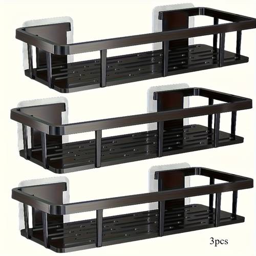 3pcs black rust resistant polished wall mounted bathroom shelf no drilling required space saving storage rack suitable for shampoo conditioner toothbrush etc drainage design prevents water modern plastic organizer durable