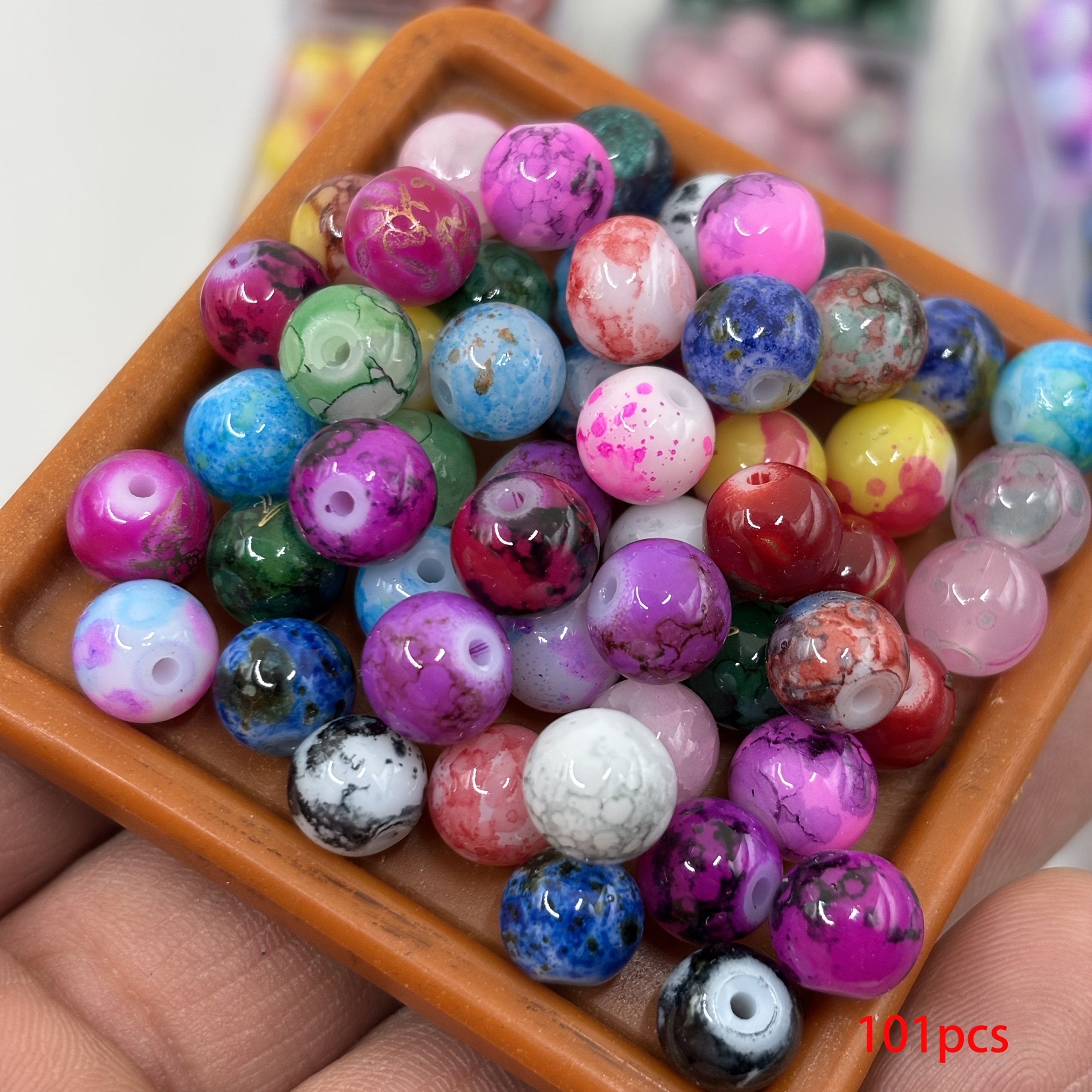 TEMU Lot de 101 perles rondes en verre bicolores de 8 mm avec trous, de haute qualité, mélangées | Convient pour la fabrication de bijoux, parfait