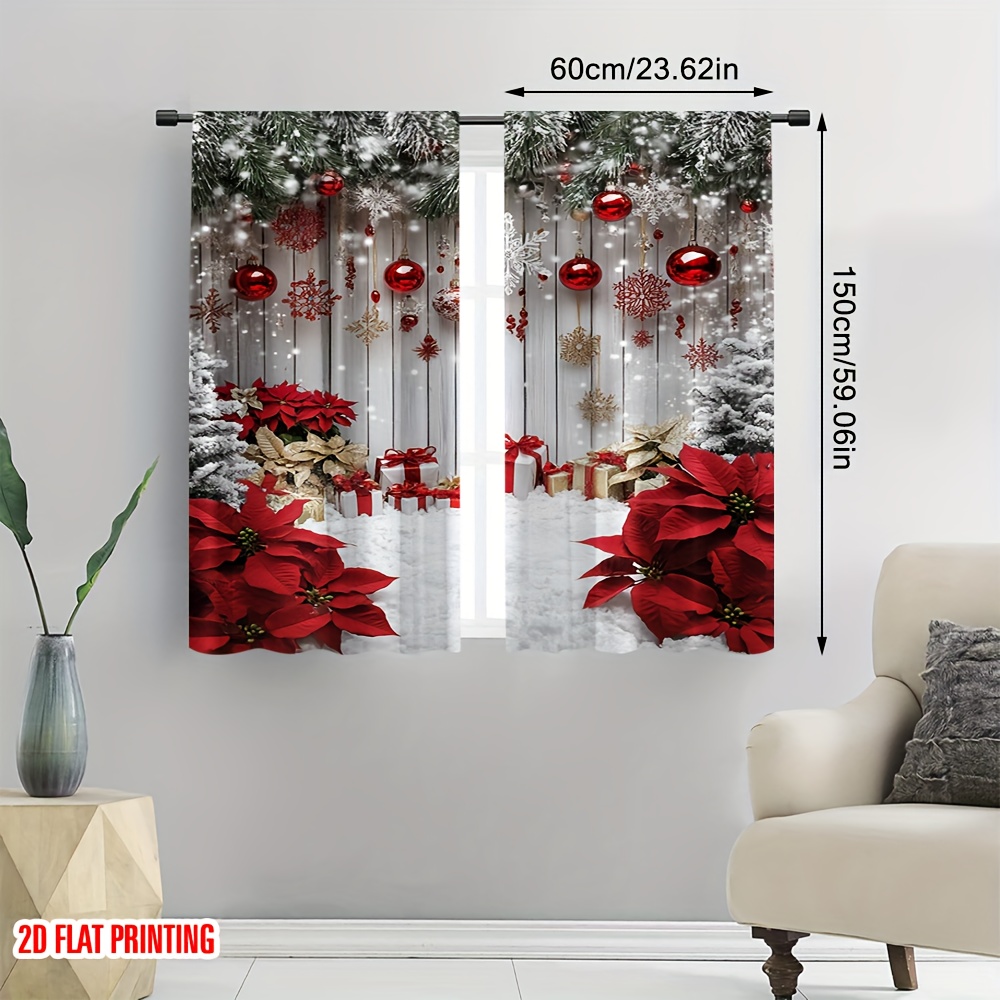 TEMU 2d Flat - 2d Flat - 2d Flat Design, Set Of 2 Printed Curtains, Festive Snow Decoration With Pocket Pole Installation, Suitable For Living Room,