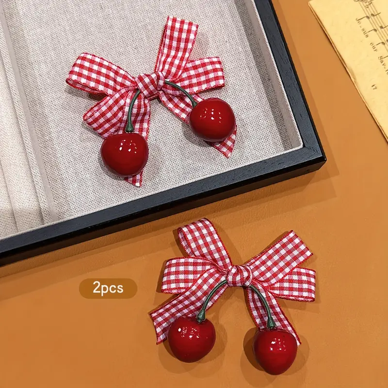 2pcs korean style   bow hair clips red white gingham check with green leaves durable plastic hair accessories for women casual everyday   season versatile hairpins cute hair clips   accessory secure hold hairpin Product details 3