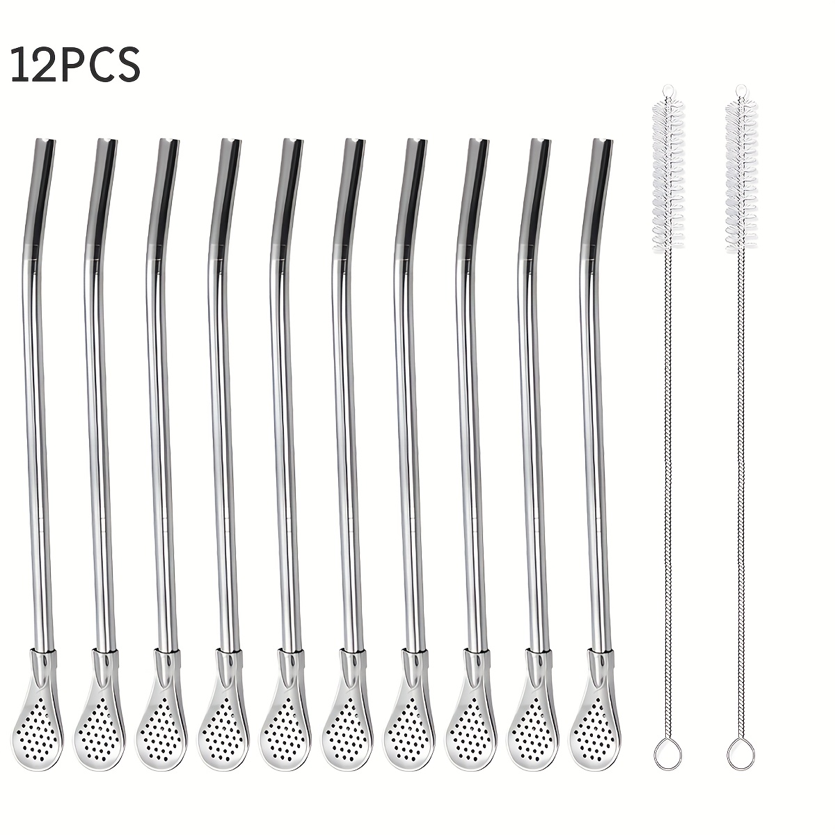 Image of 7/12pcs Stainless Steel Straws With Detachable Filter Spoon And Brush, Reusable , Suitable For Outdoor, Camping, Mate, Loose Leaf Tea, Coffee, Milk And Other Beverages