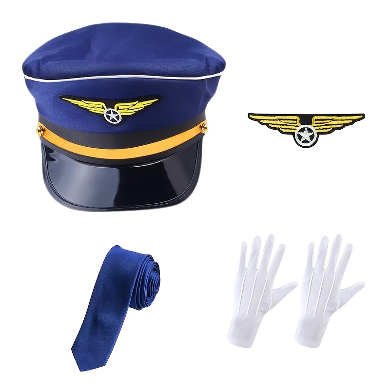 TEMU Conjunto de 4 piezas de disfraz de cosplay para azafatas y , sombrero, broche, corbata y guantes blancos. para entusiastas del cosplay, de