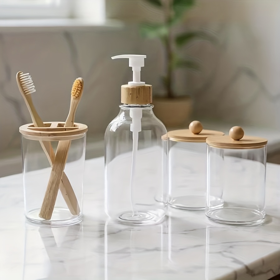 TEMU Boho Bathroom Additions Sets Complete Bathroom Canister Accessory Set 4pcs, Clear Bath Soap Dispenser And Toothbrush Holder Set, Swab Jar