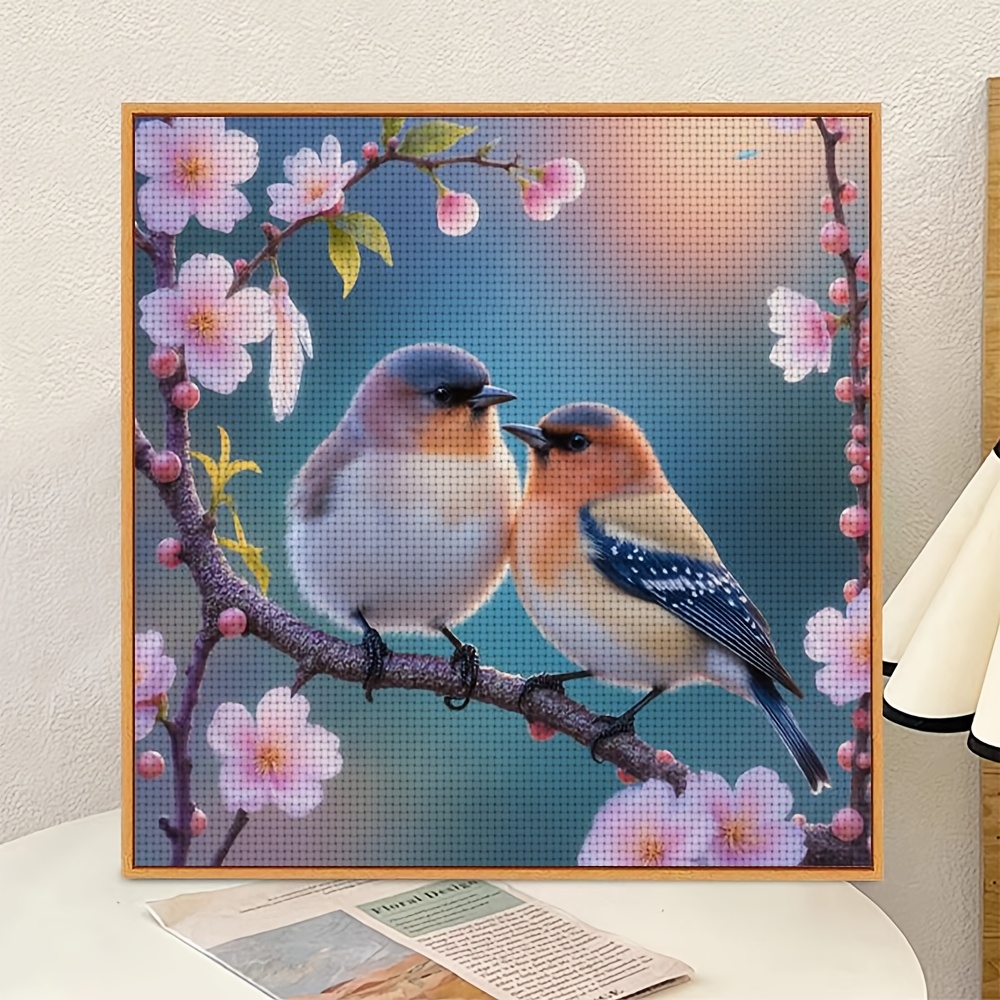 Cross Stitch Kit Featuring Two Birds on Cherry Blossom Branch, Ideal for Beginners