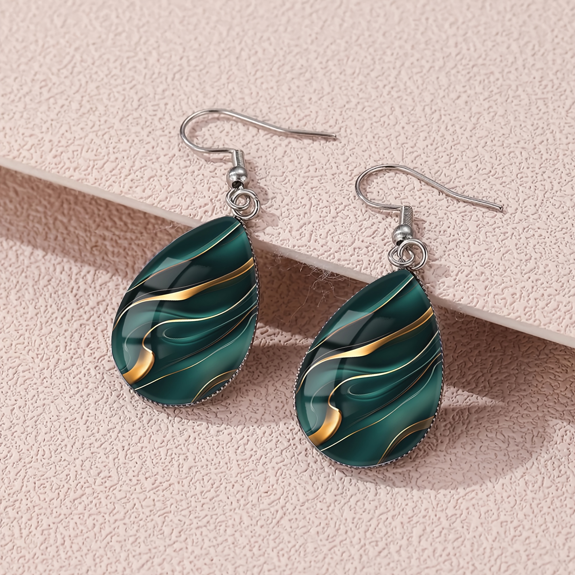 TEMU 1 Pair Of Green And Golden Fluid Texture Pattern Steel Teardrop Earrings, A Luxurious And Suitable For Men And Women To Wear As Jewelry For