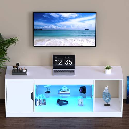 LED TV Unit 2 Door Matte MDF Living Room Cabinet Media Stand Furntiure RGB Light White