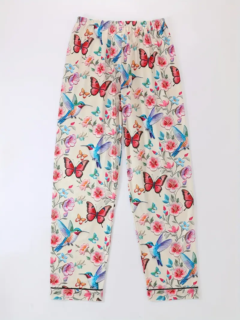 womens pajama set piece ensemble featuring cute cartoon animal designs with butterflies and birds a casual collared top drawstring waist shorts and long pants suitable for summer and made from comfortable fabric with button pocket details for adult loungewear Product details 8