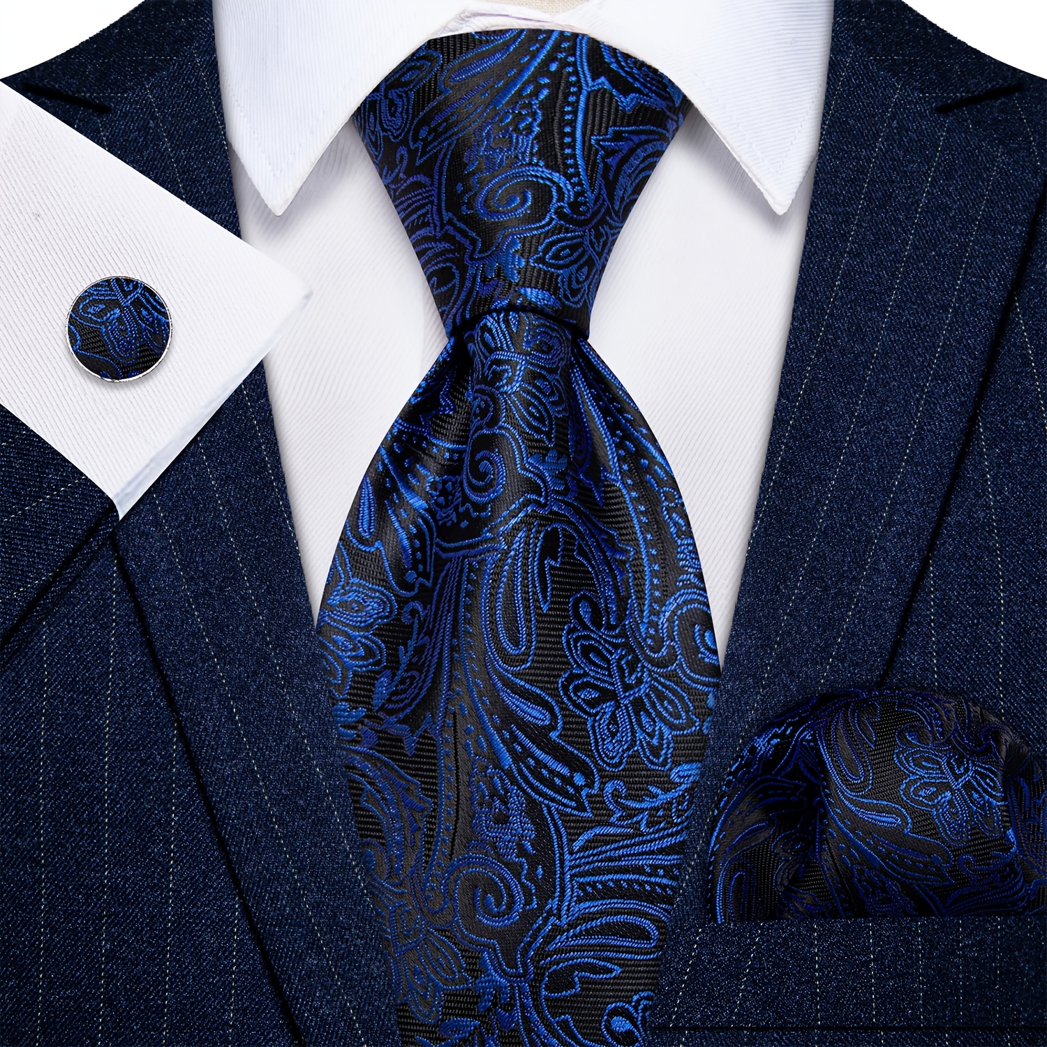 Blue And Black Paisley Men's 3pcs Tie Set, Including Pocket Square And Cufflinks, An Elegant For Halloween Gatherings, Winter Celebrations, And Gift