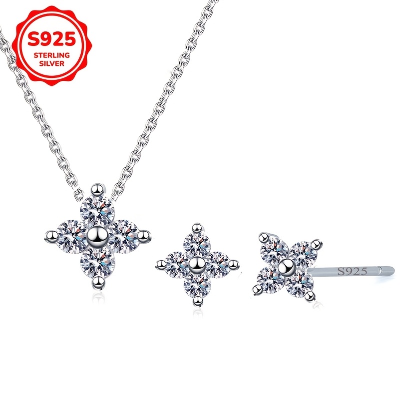 Image of 1 Pair Of Ear Studs + 1 Necklace 925 Sterling Silvery Hypoallergenic Jewelry Sets Sparkling Synthetic Zirconia Inlaid Clover Daily Outfits Party Accessories Gift For Women Her