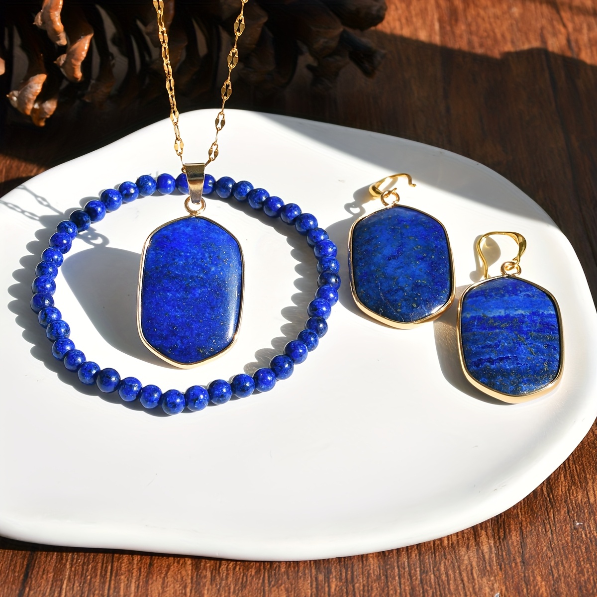 Lapis Lazuli Dangle Earrings & Necklace Set with Golden Tone