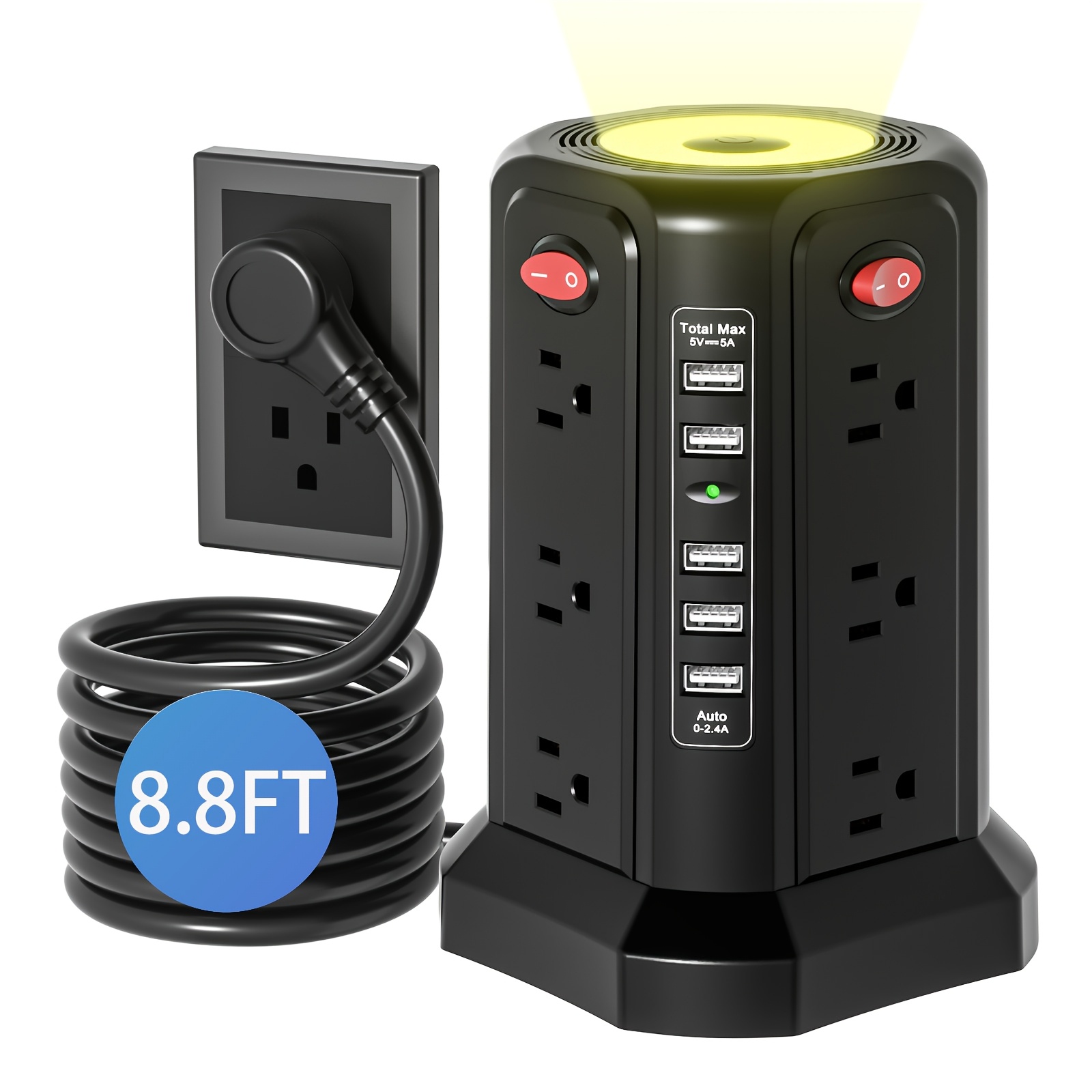 TEMU Multiprise de protection contre les surtensions de tour avec 5 ports USB, rallonge améliorée de 8,8 pieds avec plusieurs prises CA et veilleuse,