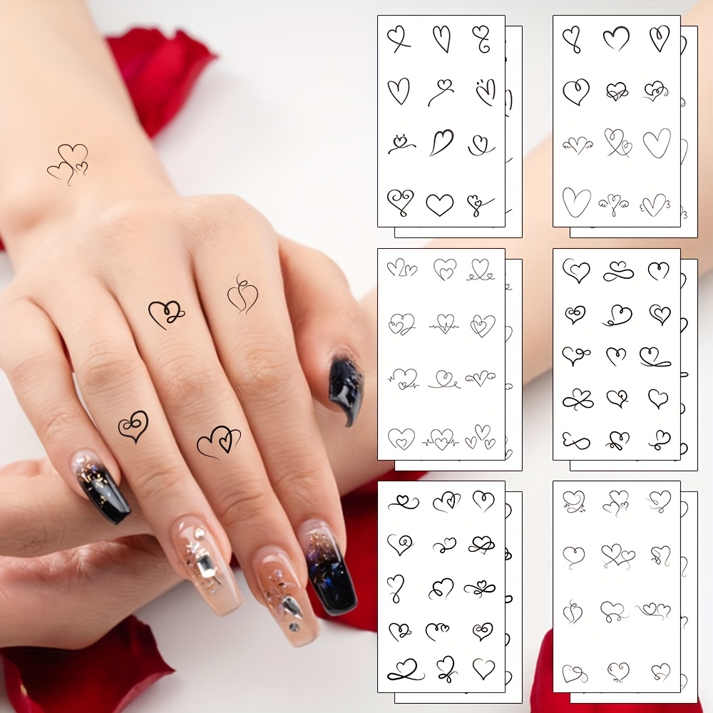 Image of 12 Simple Heart Temporary Tattoos, Party Decoration , Waterproof Long-lasting Fake Tattoo Stickers, Body Art, Size: 10x6cm
