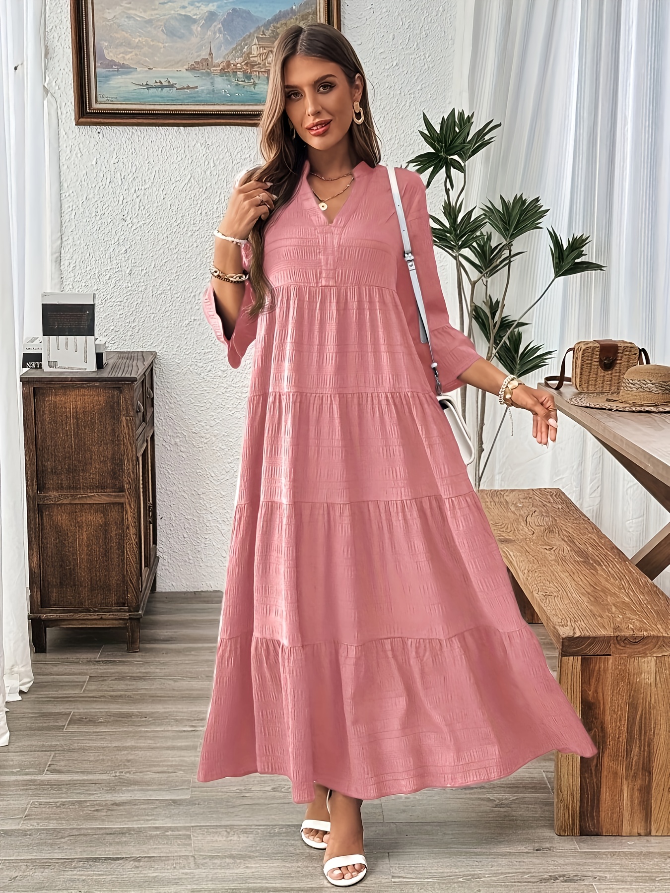 formal pink maxi dress with sleeves Lovely Pink V-Neck Maxi Dress – AVAH main image 1