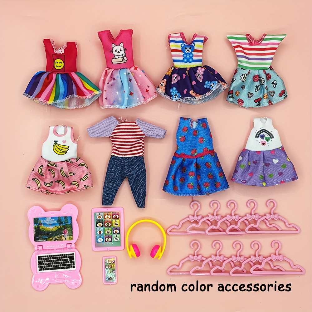 Image of 22pcs Set Of 5.5-inch Cute Doll Clothes And Accessories, 8pcs Skirt, 10pcs Hanger, 4pcs Mini Computer Headphone Accessories Set, Toy Birthday And Christmas Gift