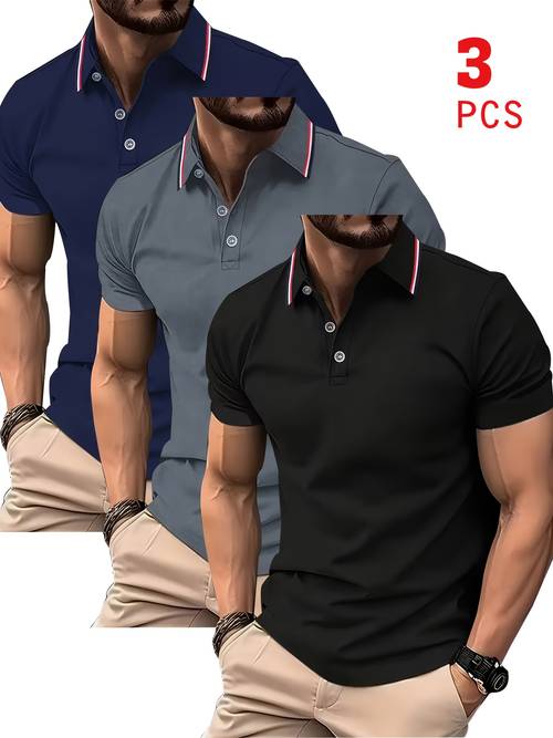 imagen del artículo juego de 3 camisetas a rayas, cuello de bloques de color , y con tres hileras de botones, camisa casual de transpirable de rápido, diseño de botones de poliéster elástico y , adecuada para , ropa de y atuendos diarios, estampado de