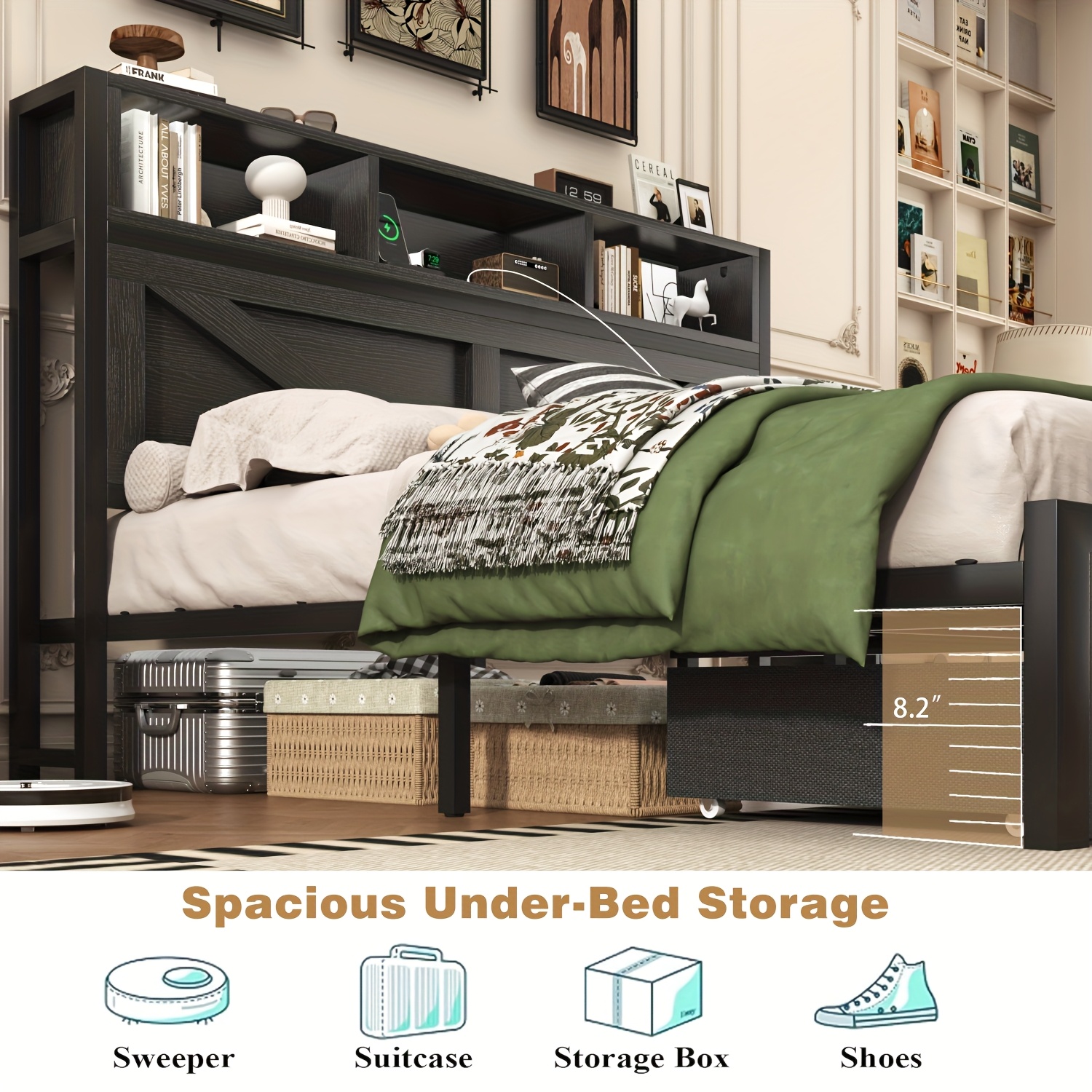 Farmhouse Bed Frame with Storage Headboard and Drawers, LED Light and Charging Outlet, Noise Free, No Box Spring Needed