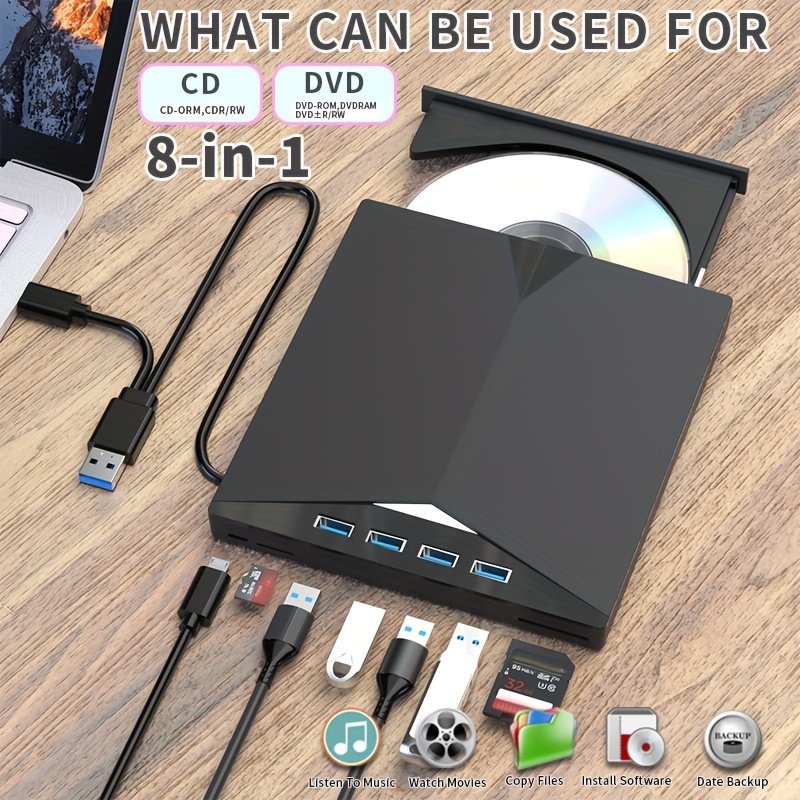 

7-in-1 Usb3.0 Portable Cd/dvd Drive: Burn, Play, Compatible With Laptop/desktop/pc/ Operating Systems!