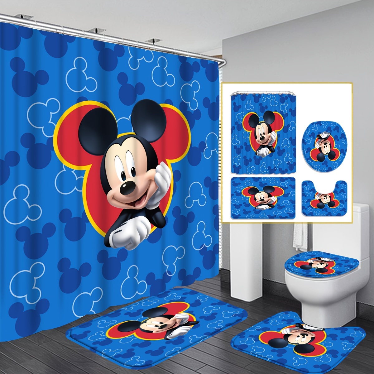 

1/4pcs Mickey Pattern Shower Curtain Set, Shower Curtain With 12 Hooks, Non-slip Bath Mat, U-shaped Toilet Mat, Toilet Mat, Bathroom Accessories, Home Decor