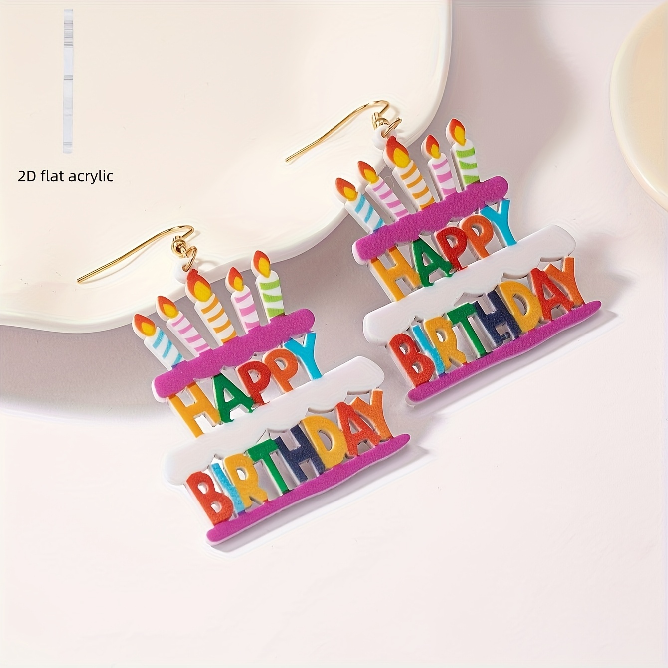 TEMU Orecchini pendenti da donna a tema torta di compleanno, con stampa di candela e scritta colorata "Happy Birthday", 2D , un di orecchini pendenti