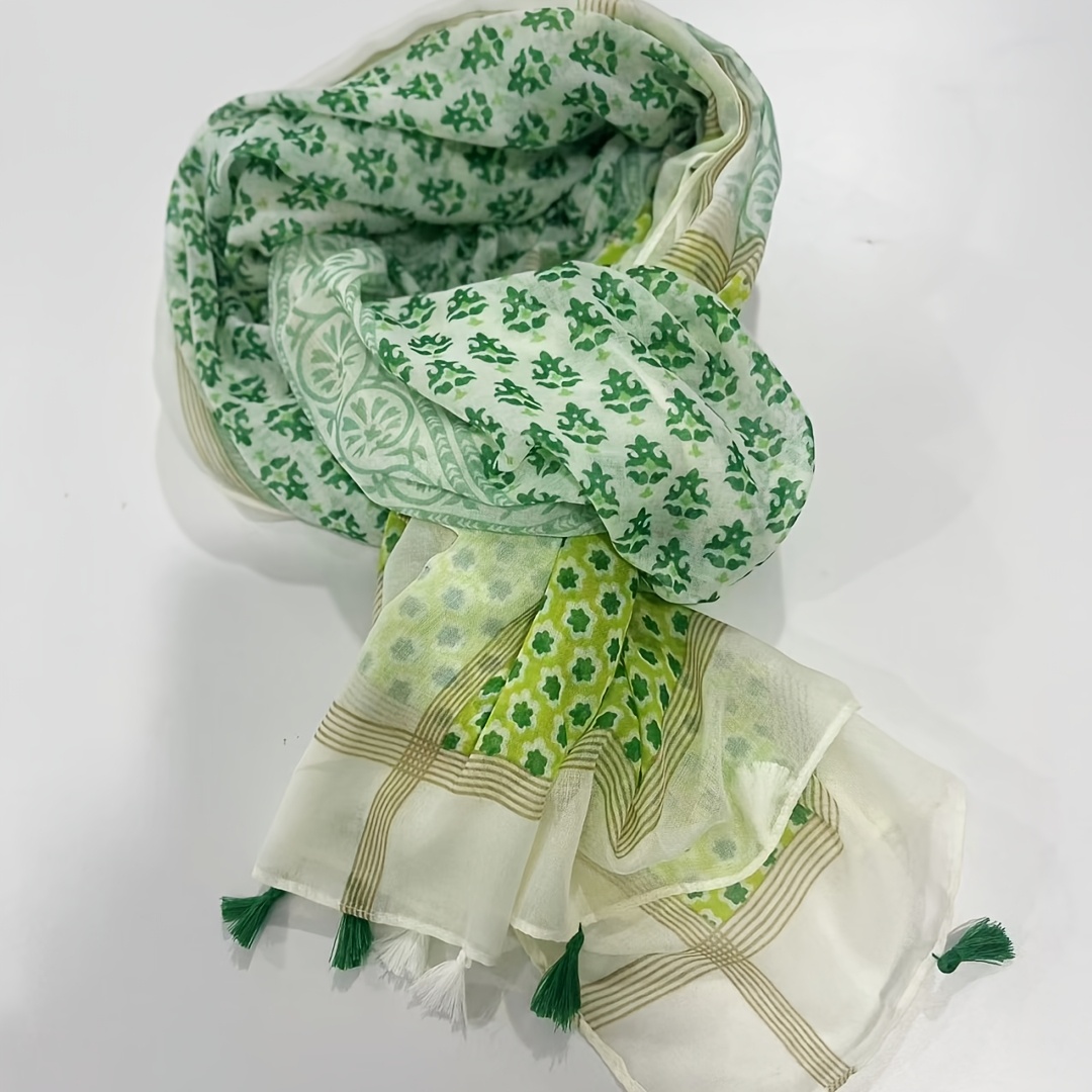 E-shop Frischer grüner Schal mit Blumendruck für Damen, großes Sommer-Reiseschal, Strandtuch, dünner Schal, Chiffonschal