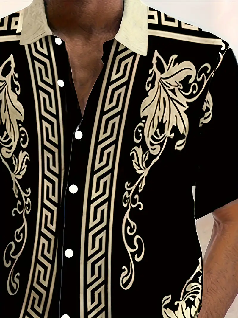 mens vintage design flower and geometric jacquard print short sleeve button up lapel shirt hawaiian fashion tops for summer street casual and holiday wear details 2