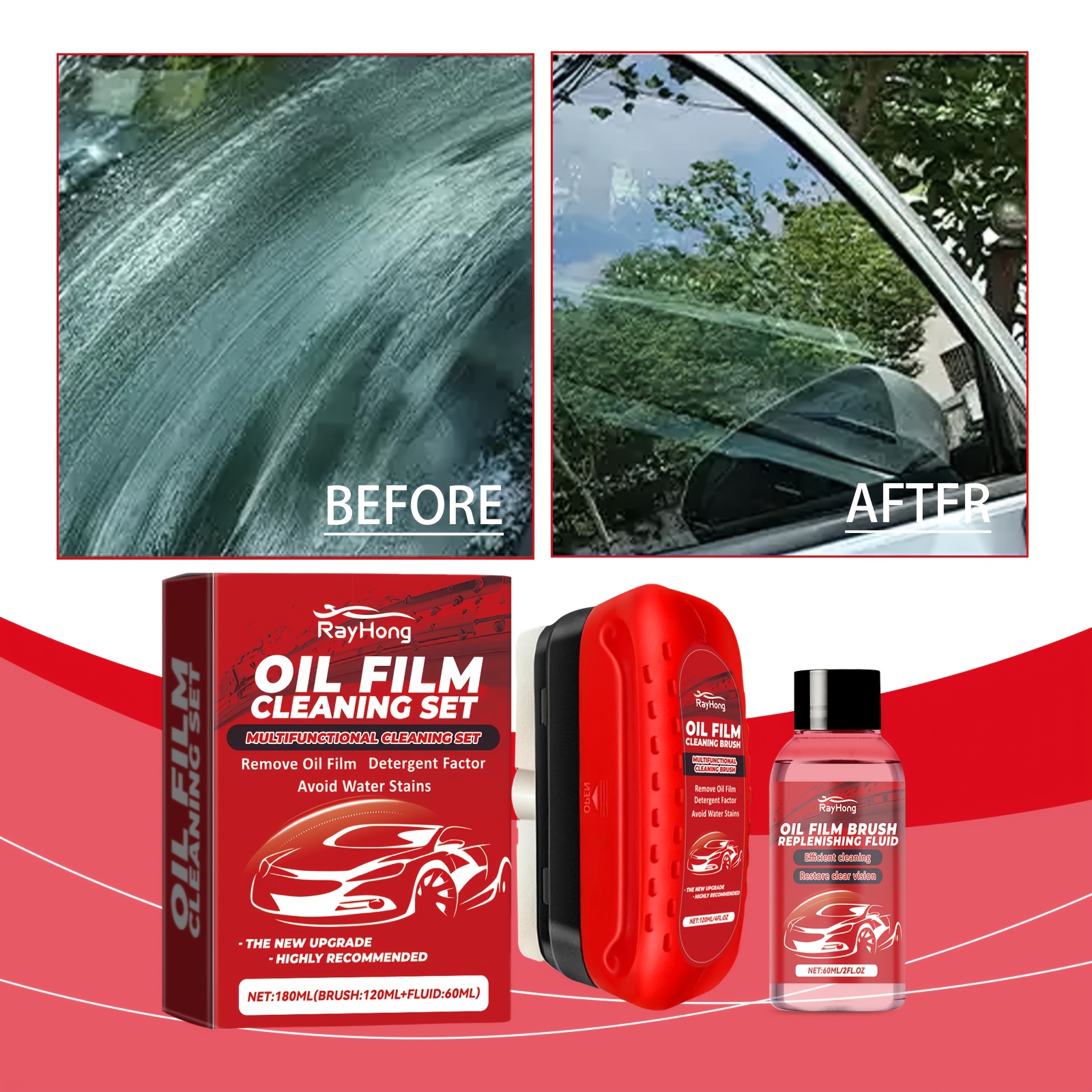 

Oil Film Cleaning Set For Car Windows - Powerful -free Oil & Removal, Includes Rain Repellent & Spray, Non-electric, Vehicles, Car Cleaning Accessories