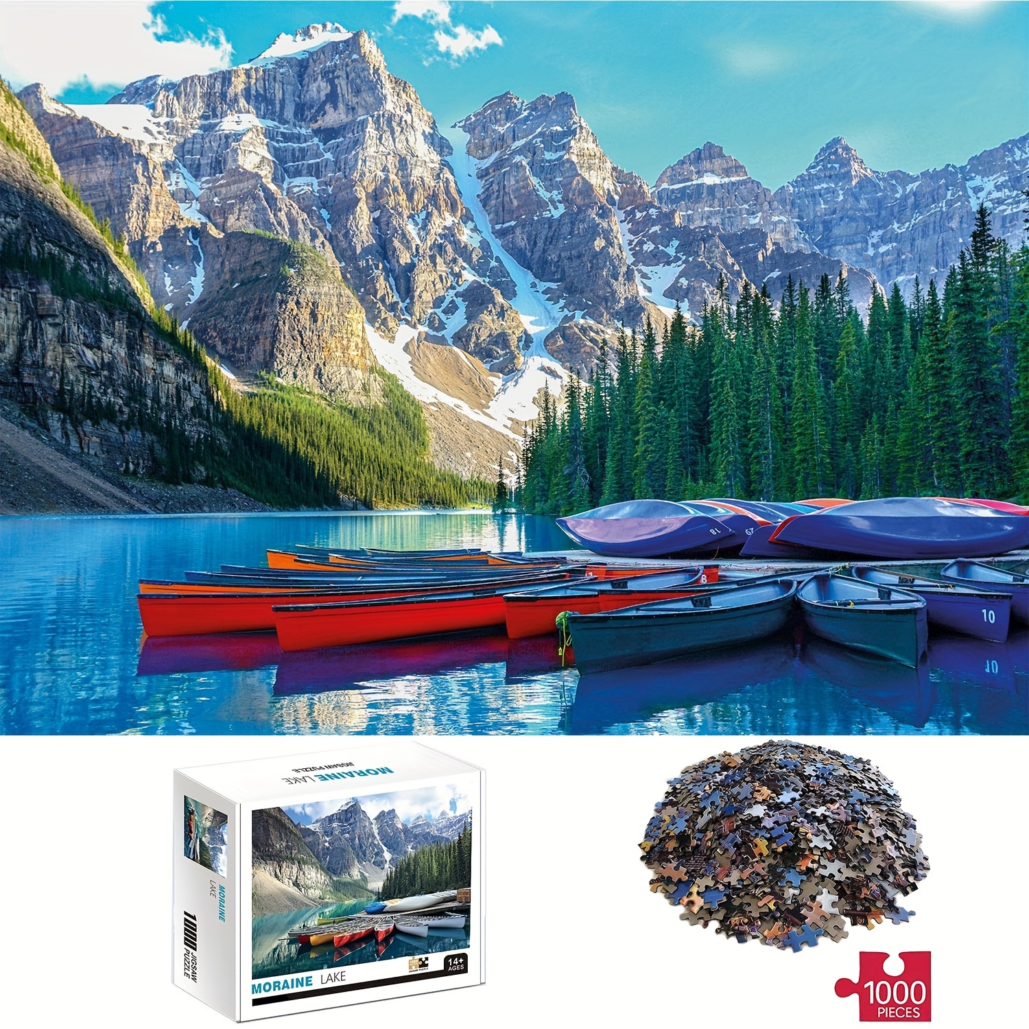 

1000pcs Moraine Lake Puzzles, Thick And Durable Seamless Jigsaw Puzzles For Adults, Fun Family Challenging Puzzles For Birthday, Christmas, Halloween, Thanksgiving, Easter