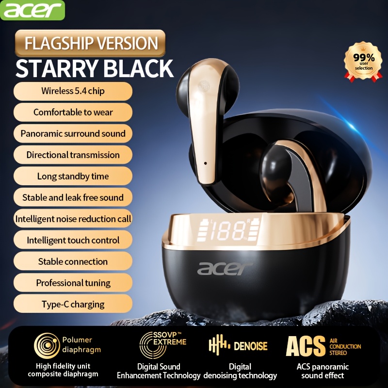 Acer Wireless Stereo Earbuds, In-ear Noise-canceling Earphones, Extra Long , Fit For Men And Women, Comfortable Wear, Noise Isolation Headphones, Touch Control, Hifi Music Headset For & Fitness Sport