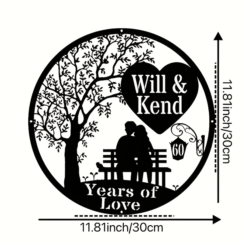 Customizable Classic Iron Wall Hanging Decor - Reusable Round Love-themed Anniversary Gift, Personalized With Names…: retailer-supplied image