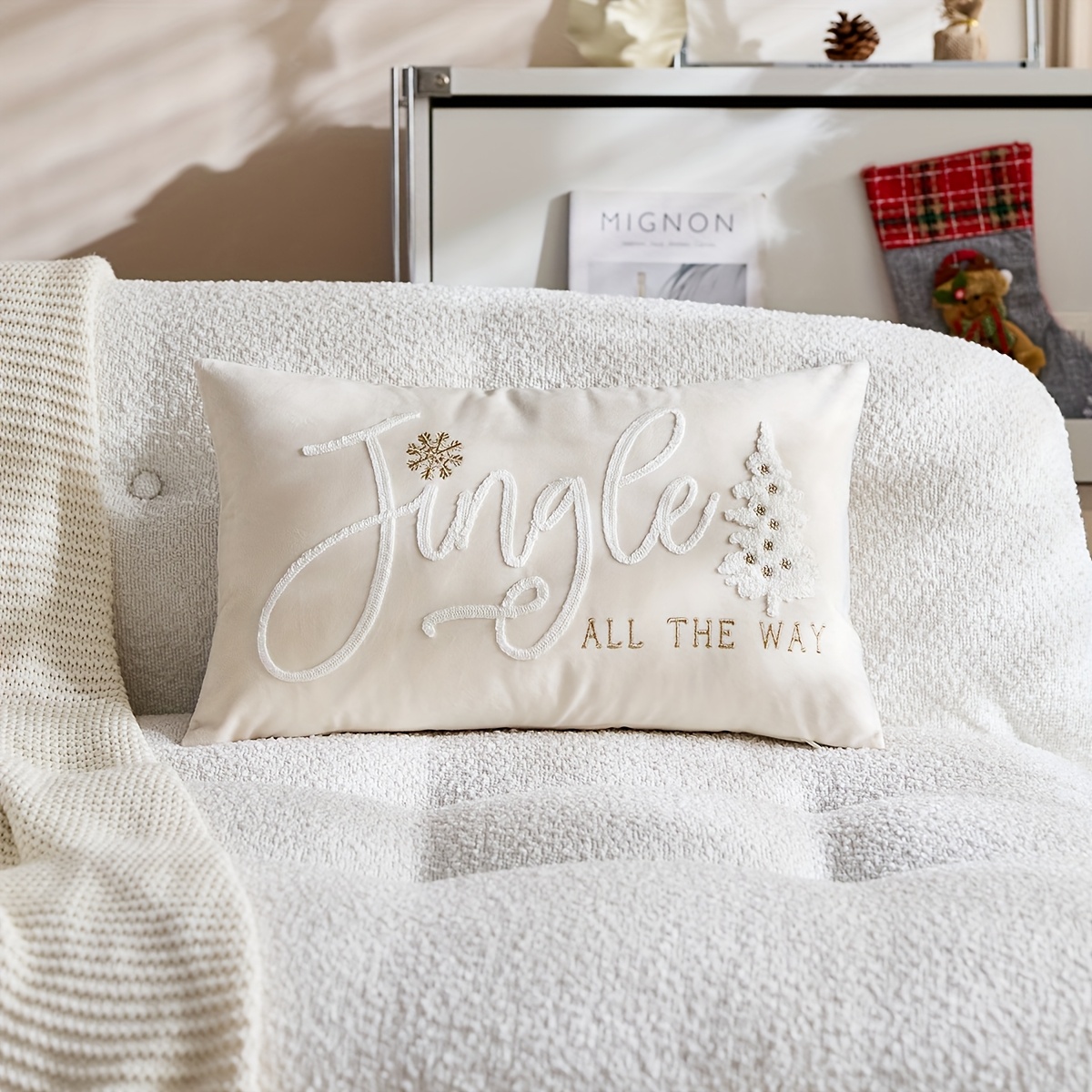 Image of 1pc, Velvet Christmas Pillowcase, Jingle Christmas Trees Throw Pillow Covers, 19.6*11.8inch, Single Side Embroidery, Suitable For Sofa, Living Room, Bedroom Home Decoration, No Pillow Core