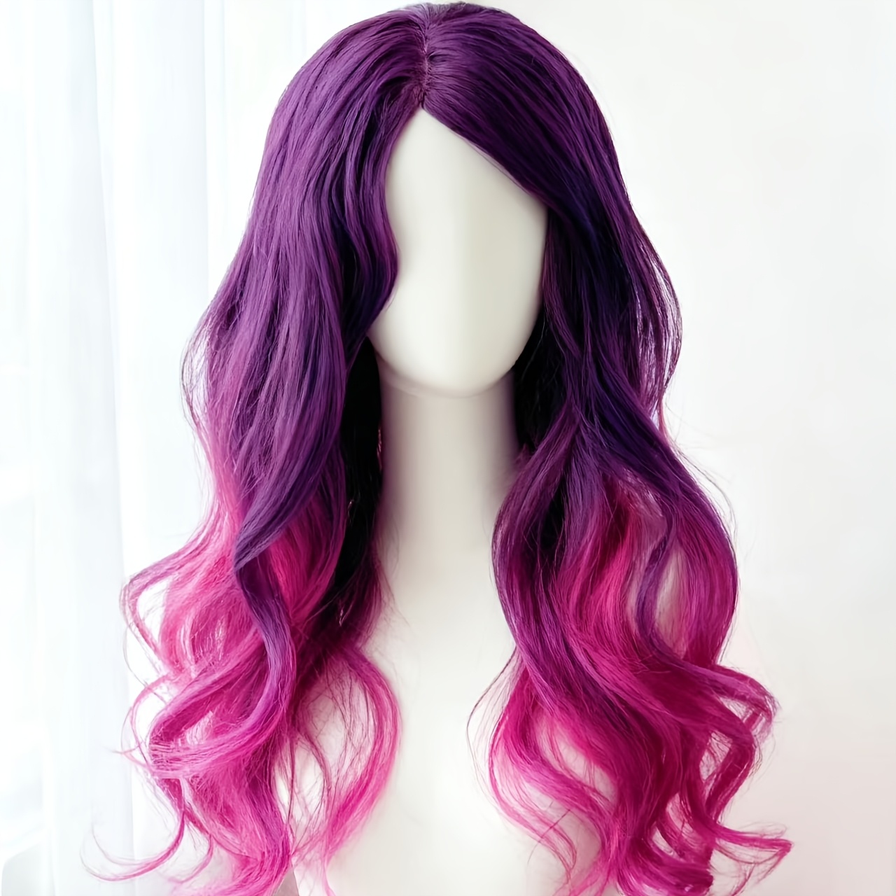 TEMU Fashion Gradient Dark Purple To Rose Pink Long Curly Hair: Natural & Fluffy Women's Wig For Daily Styling