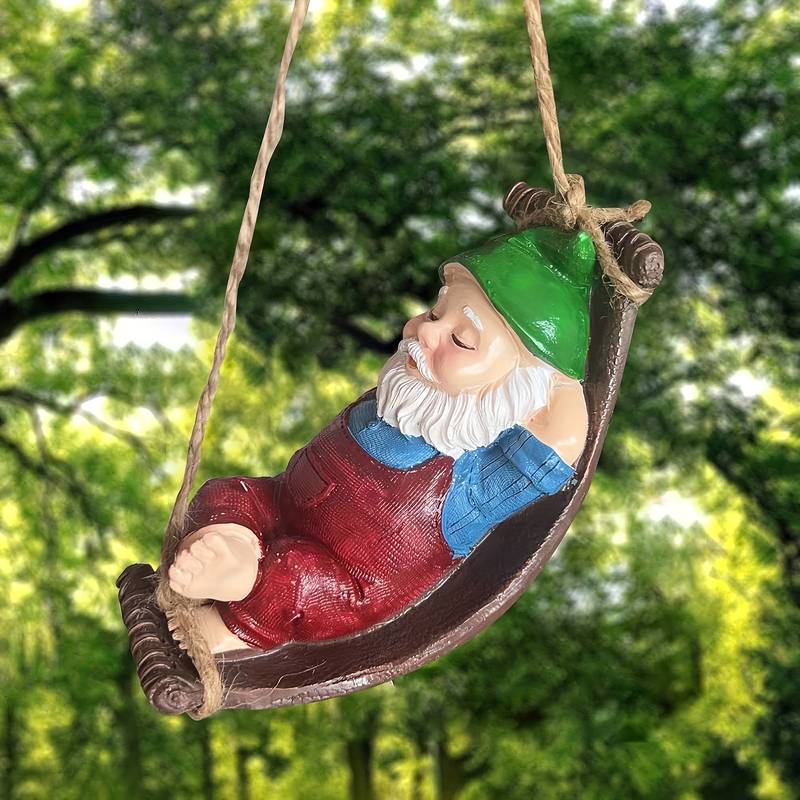 Gnomo Giardino Con Altalena A Foglia – Decorazione Da Esterno In Resina, Figurina Dormigliona Da Appendere Ad Alberi E Rami, Regalo Originale